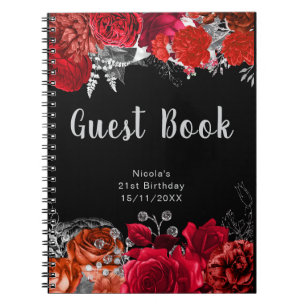Elegant Red and Silver Flowers Birthday Guest Book