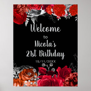 Elegant Red and Silver Flowers Birthday Part  Poster