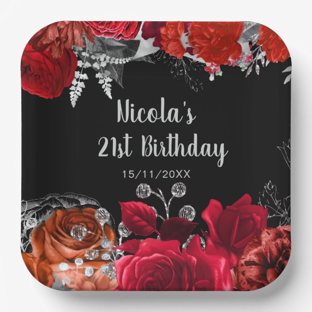 Elegant Red and Silver Flowers Birthday Party Paper Plate (Front)