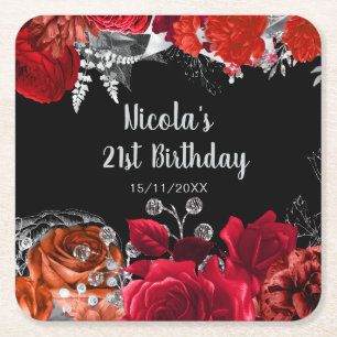 Elegant Red and Silver Flowers Birthday Party  Square Paper Coaster