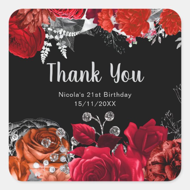 Elegant Red and Silver Flowers Birthday Party Square Sticker (Front)