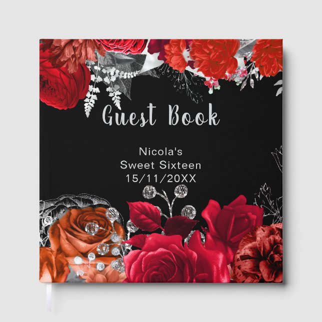 Elegant Red and Silver Flowers Sweet Sixteen Guest Book (Front)