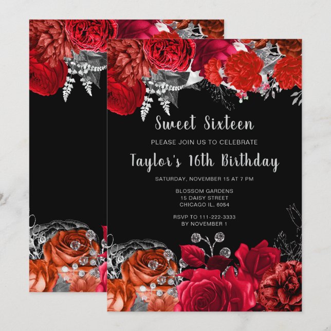 Elegant Red and Silver Flowers Sweet Sixteen Invitation (Front/Back)