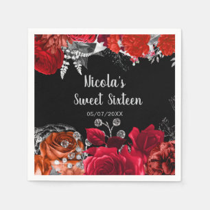 Elegant Red and Silver Flowers Sweet Sixteen  Napkin
