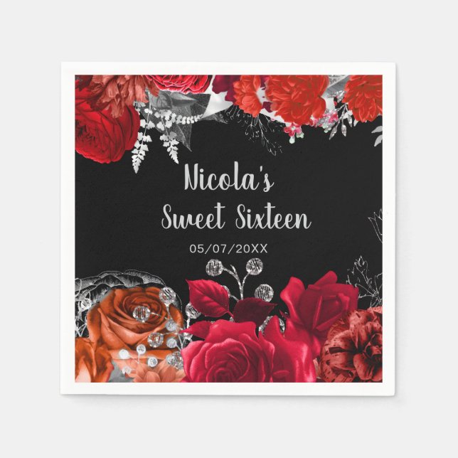 Elegant Red and Silver Flowers Sweet Sixteen  Napkin (Front)
