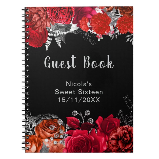 Elegant Red and Silver Flowers Sweet Sixteen Notebook (Front)