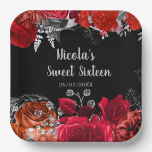 Elegant Red and Silver Flowers Sweet Sixteen Paper Plate