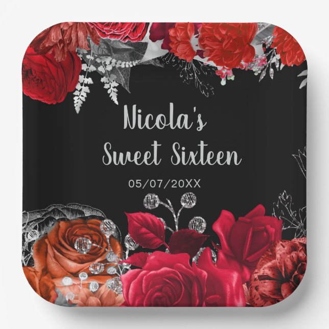 Elegant Red and Silver Flowers Sweet Sixteen  Paper Plate (Front)