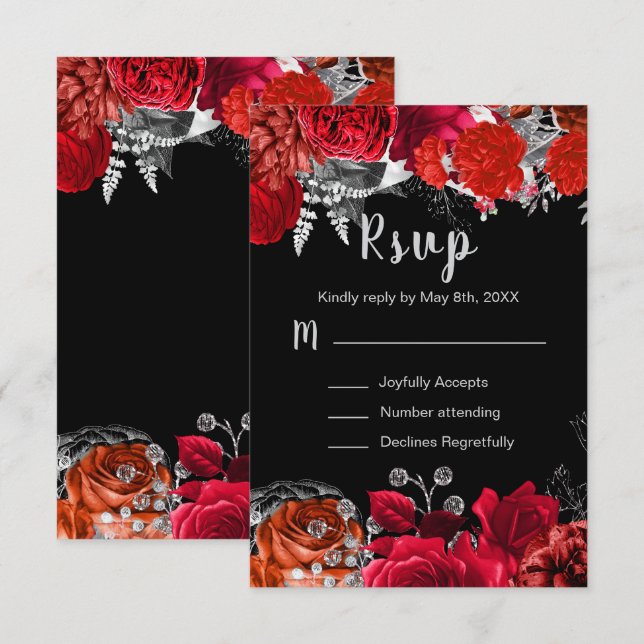 Elegant Red and Silver Flowers Sweet Sixteen RSVP Card (Front/Back)