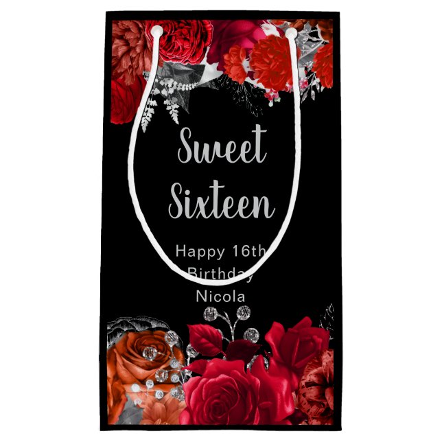 Elegant Red and Silver Flowers Sweet Sixteen  Small Gift Bag (Front)