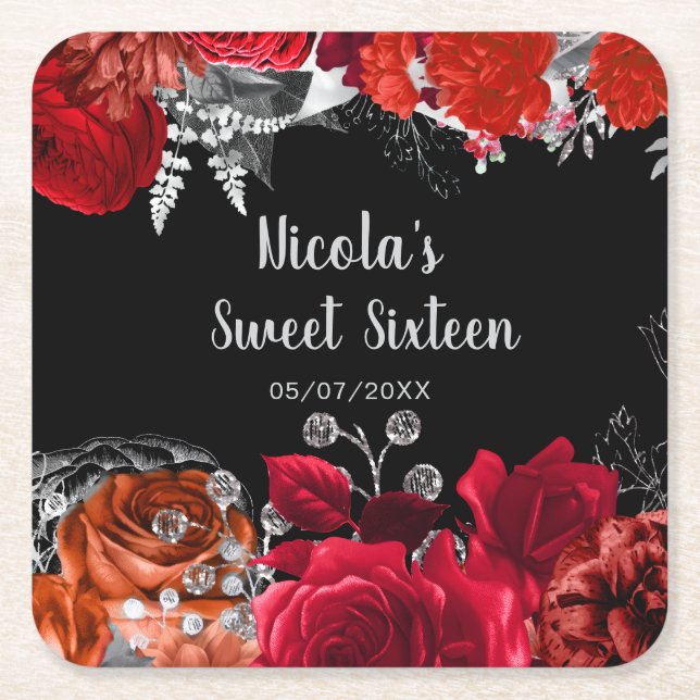 Elegant Red and Silver Flowers Sweet Sixteen  Square Paper Coaster (Front)