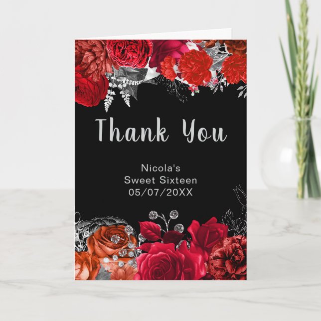 Elegant Red and Silver Flowers Sweet Sixteen Thank You Card (Front)