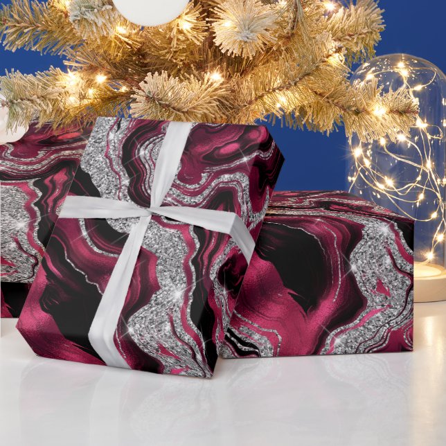 Elegant Red and Silver Glitter Agate Birthday Wrapping Paper (Holidays)