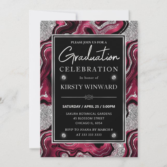Elegant Red and Silver Glitter Agate Graduation Invitation (Front)