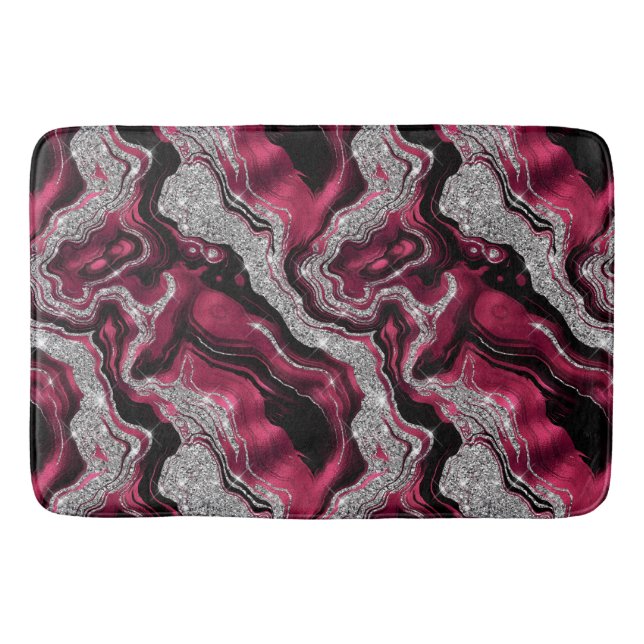 Elegant Red and Silver Glitter Agate Pattern Bath Mat (Front)