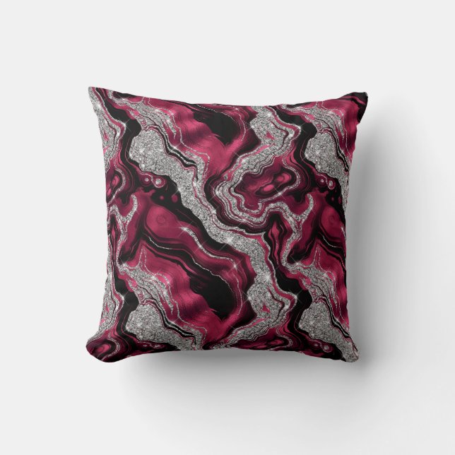Elegant Red and Silver Glitter Agate Pattern Cushion (Front)