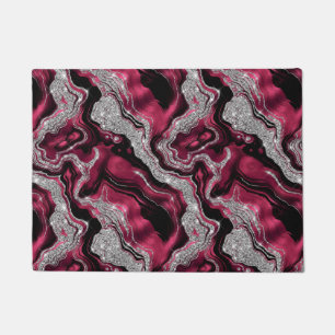 Elegant Red and Silver Glitter Agate Pattern Doormat