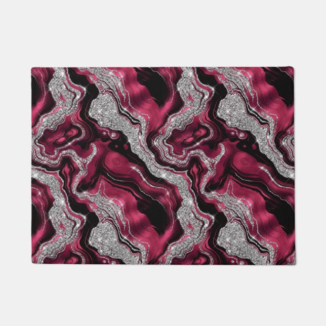 Elegant Red and Silver Glitter Agate Pattern Doormat (Front)
