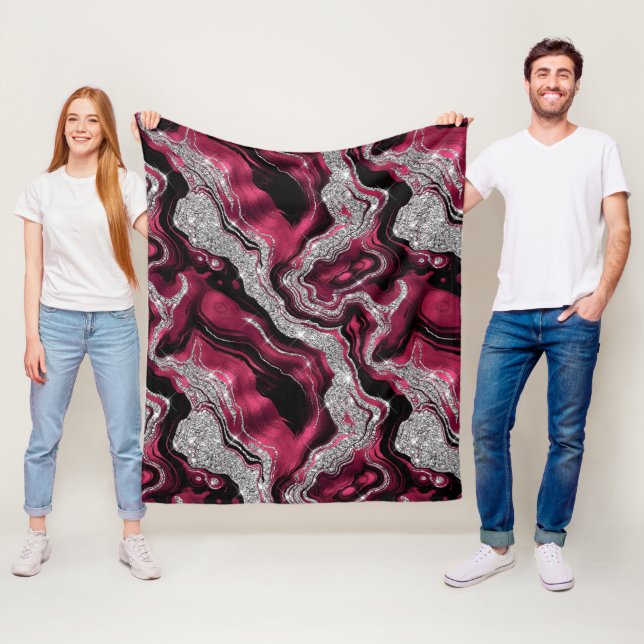 Elegant Red and Silver Glitter Agate Pattern Fleece Blanket (In Situ)