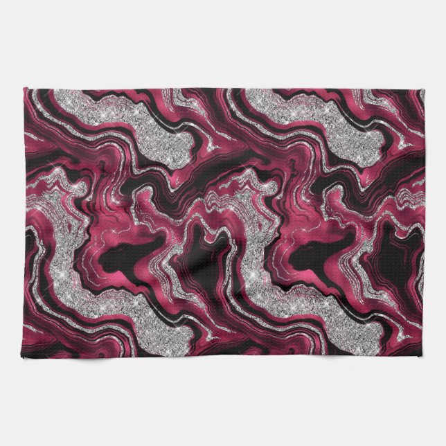 Elegant Red and Silver Glitter Agate Pattern Tea Towel (Horizontal)
