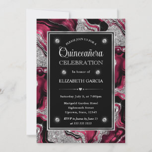 Elegant Red and Silver Glitter Agate Quinceanera Invitation