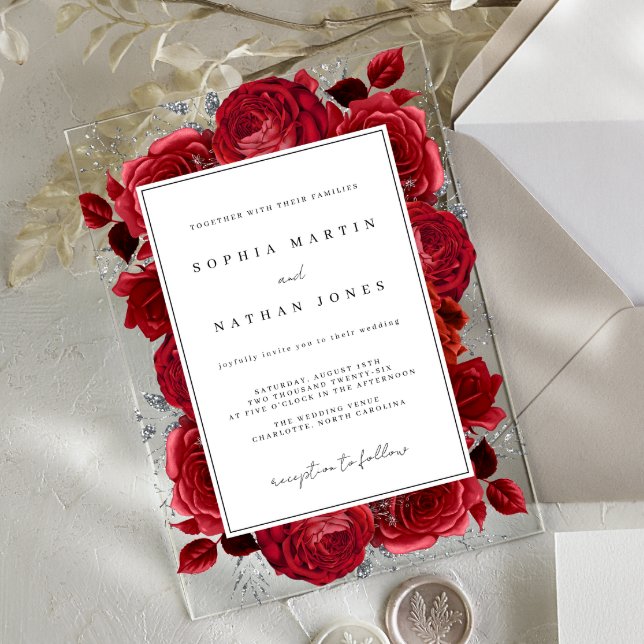 Elegant Red And Silver Rose Clear Wedding Acrylic Invitations (Creator Uploaded)