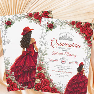 Elegant Red and Silver Watercolor Quinceañera Invitation