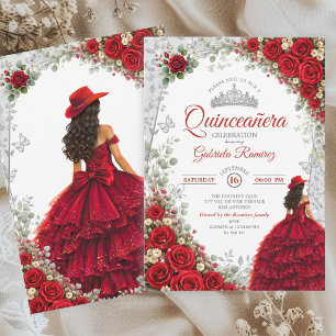 Elegant Red and Silver Watercolor Quinceañera  Invitation