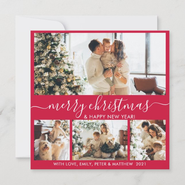Elegant Red and White 4 Photo Collage Christmas Holiday Card (Front)