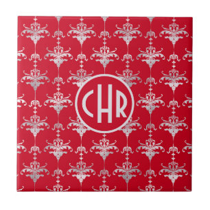 Elegant Red and White Damask Monogram Tile