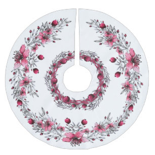 Elegant Red and White Floral Christmas Brushed Polyester Tree Skirt