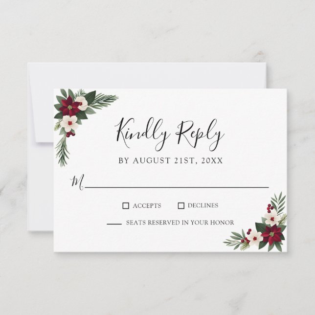 Elegant Red and White Floral Greenery Wedding RSVP Card (Front)