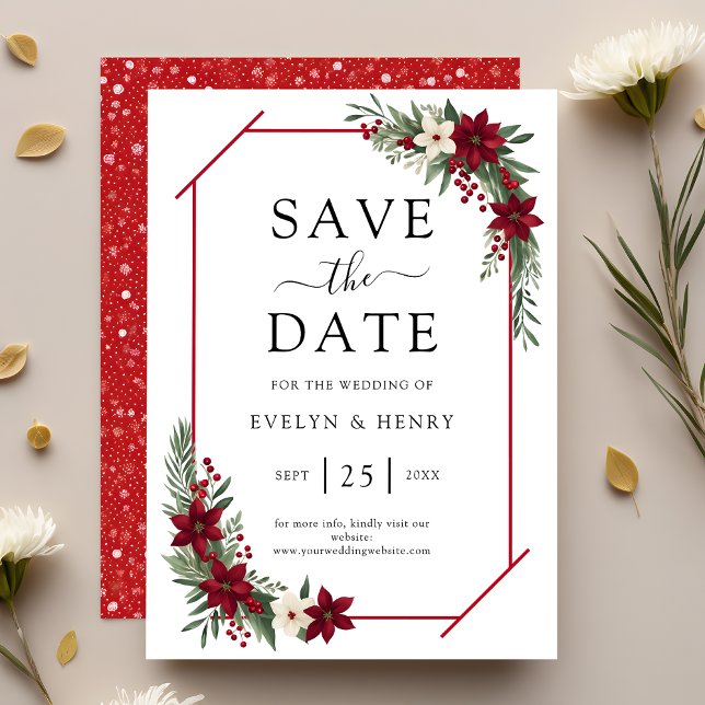 Elegant Red and White Floral Greenery Wedding Save The Date (Creator Uploaded)
