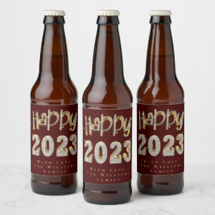 Elegant Red and White Gold Happy New Year 2023 Beer Bottle Label