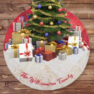 Elegant Red and White Patchwork Pattern Christmas Brushed Polyester Tree Skirt