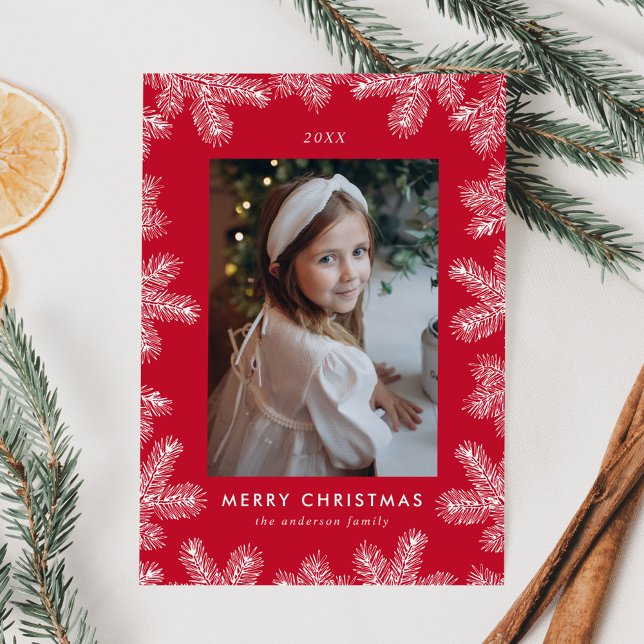 Elegant Red and White Pine Frame Photo Holiday Card (Creator Uploaded)