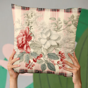 Elegant Red And White Plaid Floral Cushion