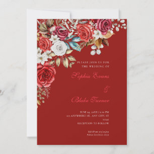 Elegant Red and White Roses Scarlet Red Wedding Invitation