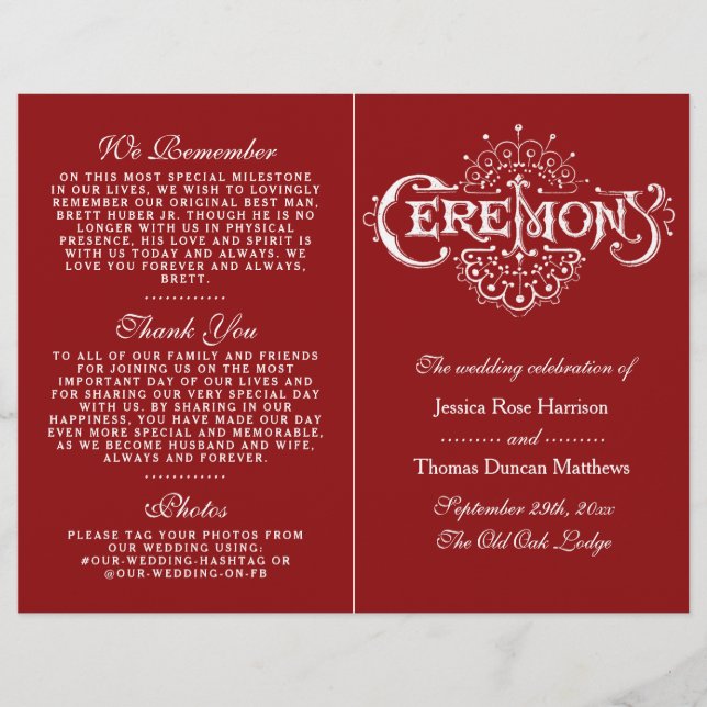 Elegant Red And White Wedding Ceremony Programs (Front)