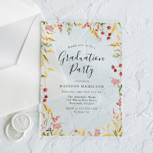 Elegant Red and Yellow Floral Graduation Party Acrylic Invitations