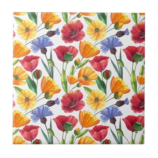 Elegant Red and Yellow Poppy Flowers, Cornflowers Tile (Front)