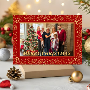 Elegant Red & Antique-Gold Family Christmas Photo Holiday Card