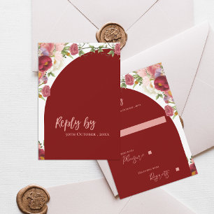 Elegant Red Arch Blush Peach Florals Wedding RSVP Card