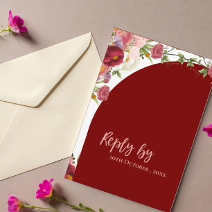 Elegant Red Arch Blush Peach Florals Wedding RSVP Card