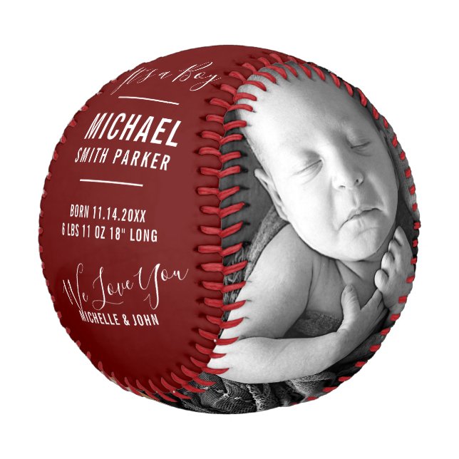 Elegant Red Baby Birth Announcement 2 Photo Name Baseball (Angled)