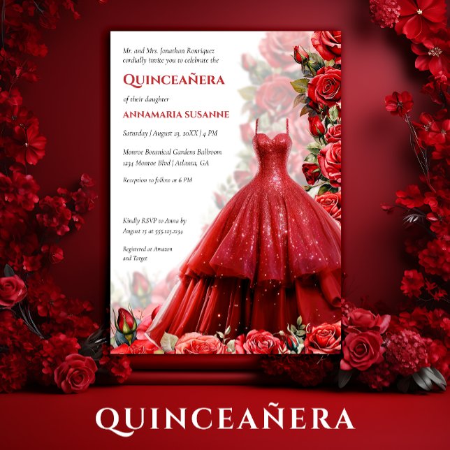 Elegant Red Ball Gown Red Roses Quinceanera | Invitation (Creator Uploaded)