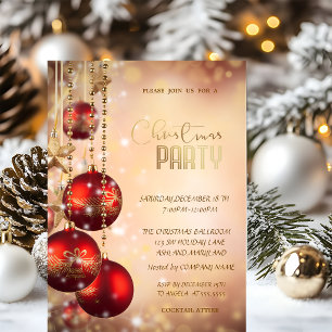 Elegant Red Balls Bokeh Company Christmas Party Invitation