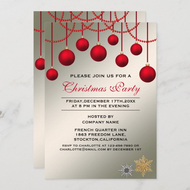 Elegant Red Bauble Corporate Christmas Party Invitation (Front/Back)