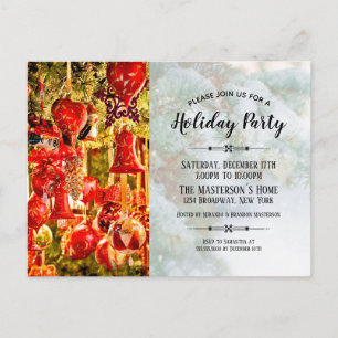 Elegant Red Baubles and Bells Holiday Party Invitation Postcard