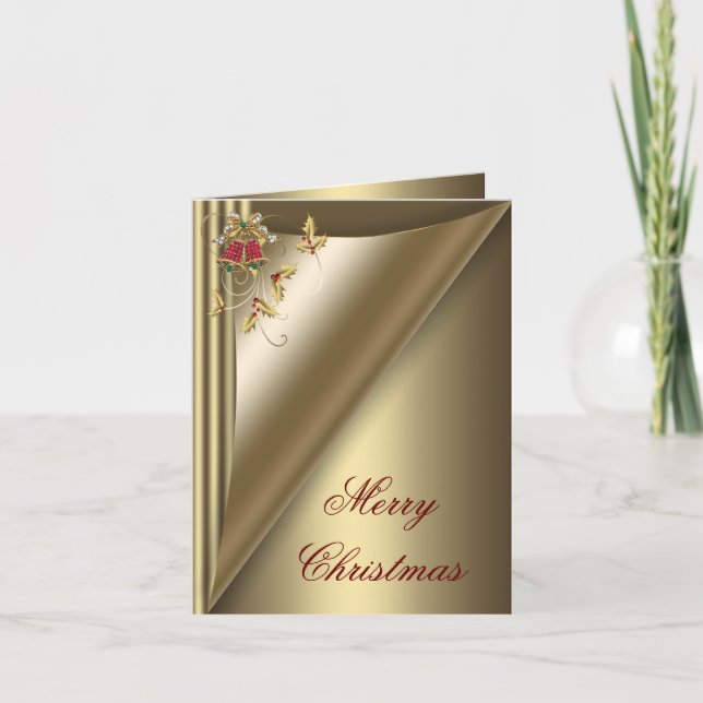 Elegant Red Bells and Gold Holly Christmas Card (Front)